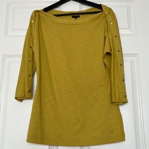 Escada Lime Green Blouse with Gold Button Accented Arms, Size M